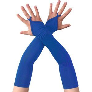 Women's Blue Finger Loop Fingerless Satin Long Gloves Halloween Party Costume